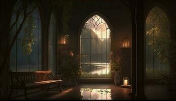 Window architecture religion indoors Christianity night dark old Spooky church generated by AI photo