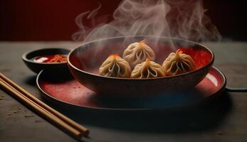 Freshly steamed Chinese dumplings on wooden plate generated by AI photo