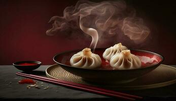 Steamed pork dumplings on a wooden plate generated by AI photo