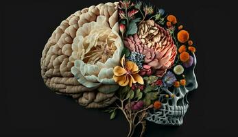 humano cabeza anatomía cerebro en negro antecedentes generado por ai foto