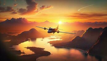 Air vehicle flying over mountain with propeller at sunset generated by AI photo