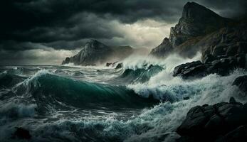 Nature drama Dark cliff crashing waves overcast sky generated by AI photo