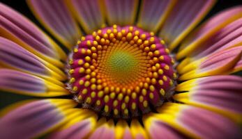 Extreme close up of vibrant yellow and purple daisy generated by AI photo