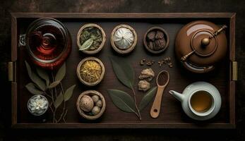 Wooden table with fresh herbs hot drink and spices generated by AI photo