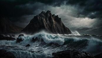 Nature beauty crashing upon rough rocks Awe inspiring adventure generated by AI photo