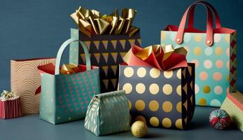 Multi colored gift bag for modern winter celebrations generated by AI photo