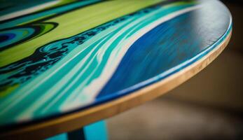 Close up of wet surfboard with vibrant colors generated by AI photo