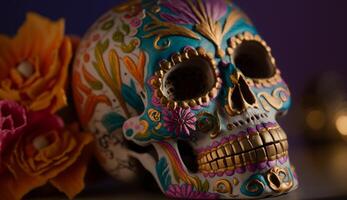 Spooky human skull colorful Day of the Dead generated by AI photo