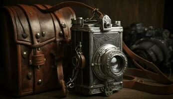 Antique camera with leather strap on a table generated by AI photo