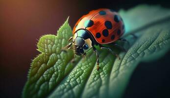 A spotted ladybug crawls on a green leaf generated by AI photo