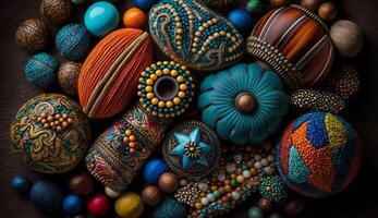 Multi colored patterns adorn homemade craft products Vibrant ornate souvenirs generated by AI photo