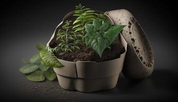 Fresh green seedling growing in organic flower pot generated by AI photo