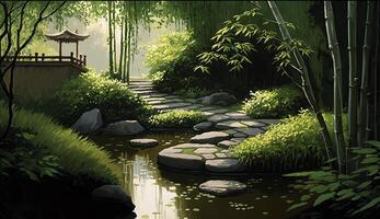 Nature tranquil scene of greenery water stone and bamboo generated by AI photo