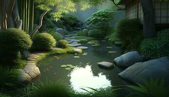 A tranquil pond surrounded by lush greenery generated by AI photo