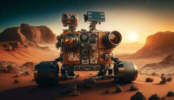 Futuristic robotic spaceship explores alien planet at sunset generated by AI photo