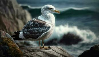 Seagull standing on cliff spread wings watching wave generated by AI photo