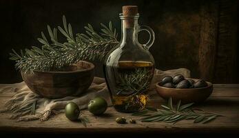 Fresh organic olive oil on rustic wooden table generated by AI photo