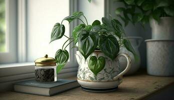 Indoor still life table vase plant books window generated by AI photo