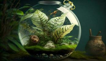 Nature animal and leaf in glass terrarium generated by AI photo