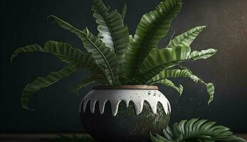 Green plant in flower pot against dark wall generated by AI photo