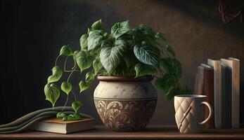 Vase book leaf plant wood material nature indoors rustic still life generated by AI photo