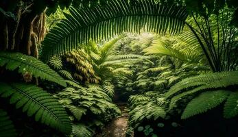 Vibrant tropical rainforest ferns trees and palms sway generated by AI photo