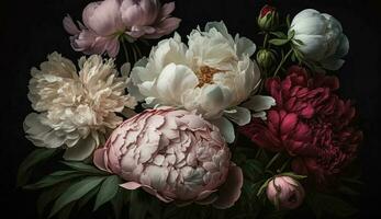 Floral bouquet with pink peonies green leaves generated by AI photo