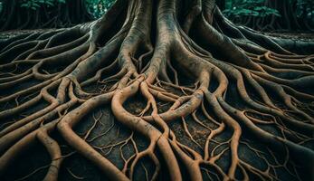 Roots intertwined old tree trunk growth in nature generated by AI photo