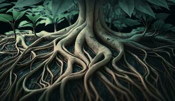 raíces entrelazados naturaleza retorcido árbol rama crecimiento generado por ai foto