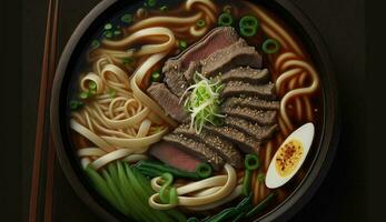 Bowl of hot ramen noodles, pork and vegetable ,generative AI photo