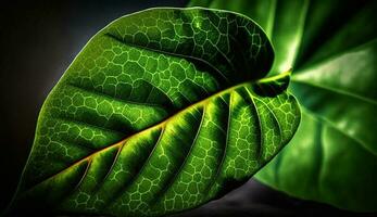 Vibrant green leaf vein fresh drop on dark branch generated by AI photo