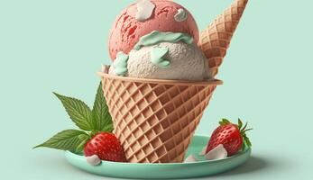 Sweet ice cream cone with strawberry fruit ,generative AI photo