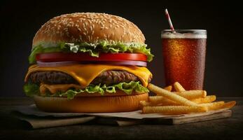 A la parrilla hamburguesa con queso comida con papas fritas y reajuste salarial refresco ,generativo ai foto