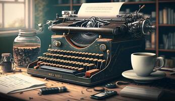 Antique typewriter on old desk with coffee cup ,generative AI photo