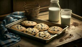 Homemade chocolate chip cookie on rustic table ,generative AI photo
