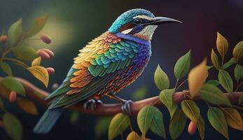 Multi colored bird perches on green tropical branch ,generative AI photo