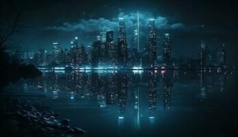 Night cityscape showcases skyscrapers' modern architecture reflections ,generative AI photo