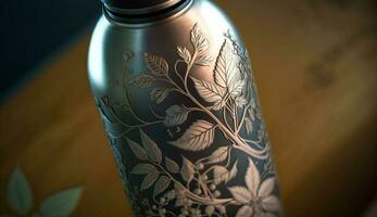 Close up of ornate blue glass bottle vase ,generative AI photo