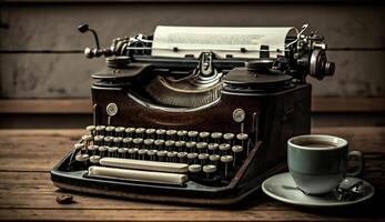 Antique typewriter on rustic table with paper ,generative AI photo