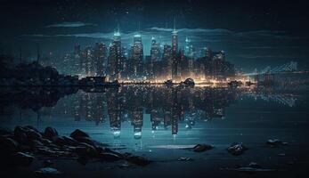 Night cityscape with skyscrapers, water reflection, and architecture ,generative AI photo