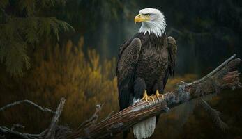 Bald eagle perched majestically on tree branch ,generative AI photo