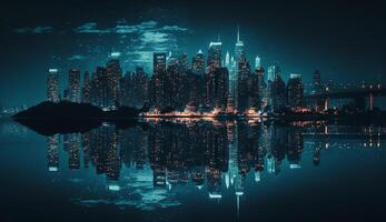 Night city skyline with skyscrapers and architecture Reflection on the water illuminating blue ,generative AI photo