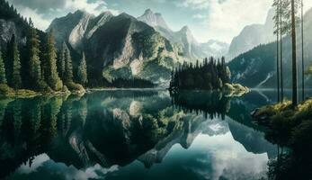 Nature landscape forest mountain reflection on water ,generative AI photo