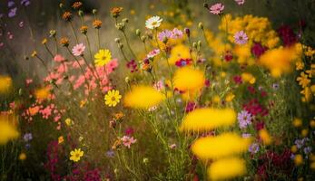 Yellow wildflower in meadow, fresh spring beauty ,generative AI photo
