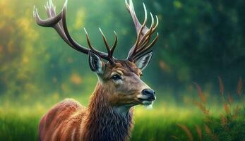 Majestic stag grazing peacefully in lush green meadow ,generative AI photo