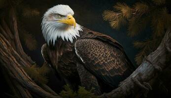 Bald eagle perched on branch, hunting prey ,generative AI photo