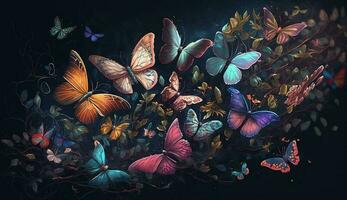 Butterfly flying over multi colored flowers in nature ,generative AI photo