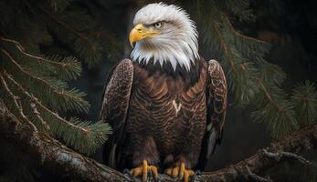 Animal perching on tree branch, bald eagle ,generative AI photo