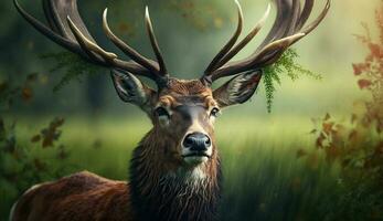 Cute deer in green forest, close up portrait ,generative AI photo