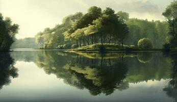 bosque paisaje reflexión en tranquilo verde estanque ,generativo ai foto